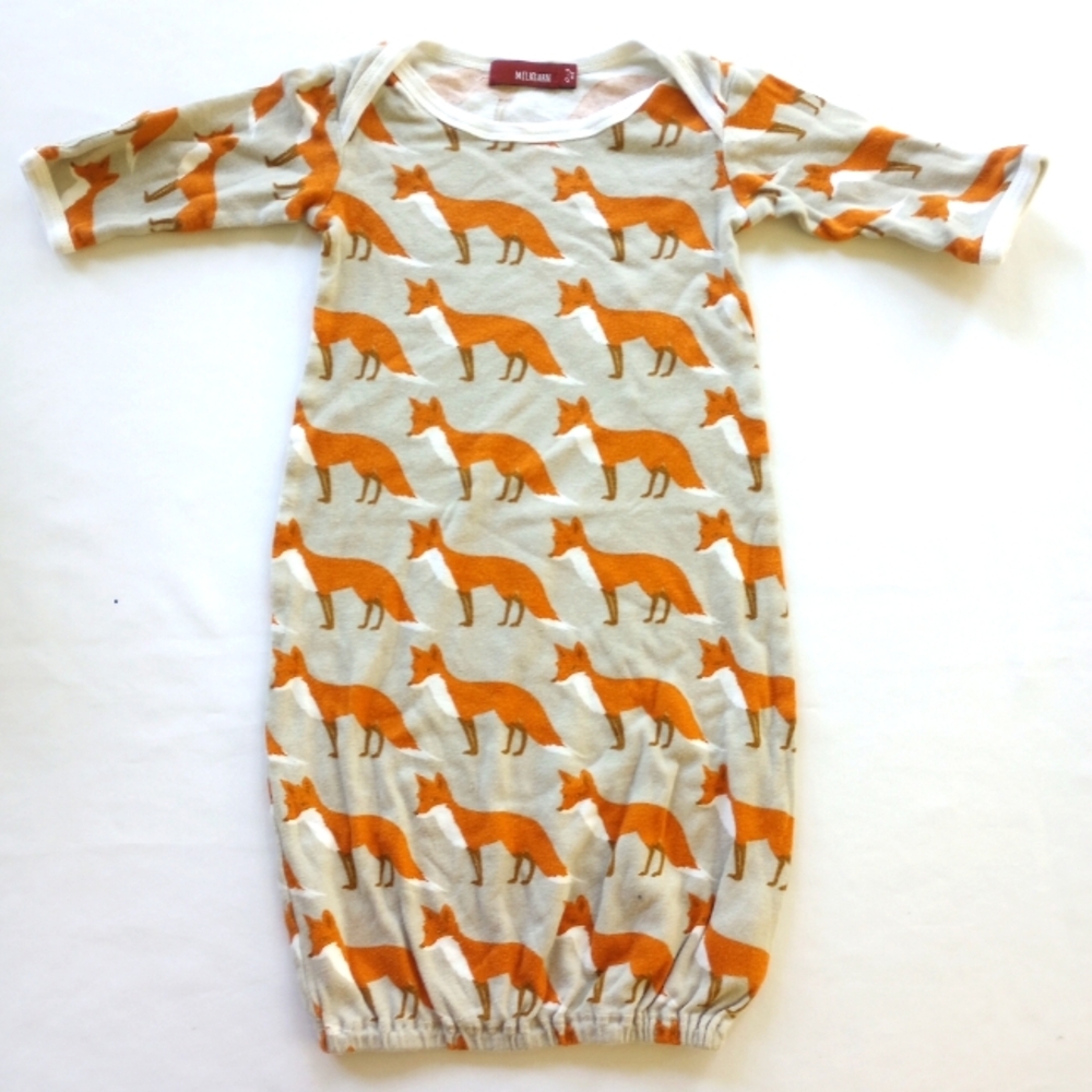 Milkbarn Organic Cotton Orange Fox Print Newborn Gown Sleeper Size 0-3months